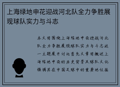 上海绿地申花迎战河北队全力争胜展现球队实力与斗志